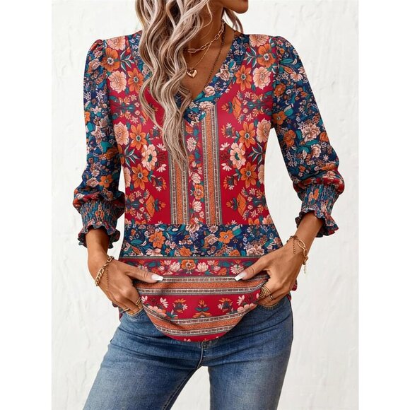 Womens 3/4 Sleeve Blouse Polyester Spandex V-Neck Casual Top Large - Picture 4 of 5